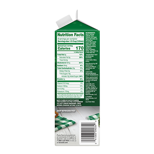 Lactaid Lactose-Free Eggnog Right Side of Packaging with Nutrition Facts