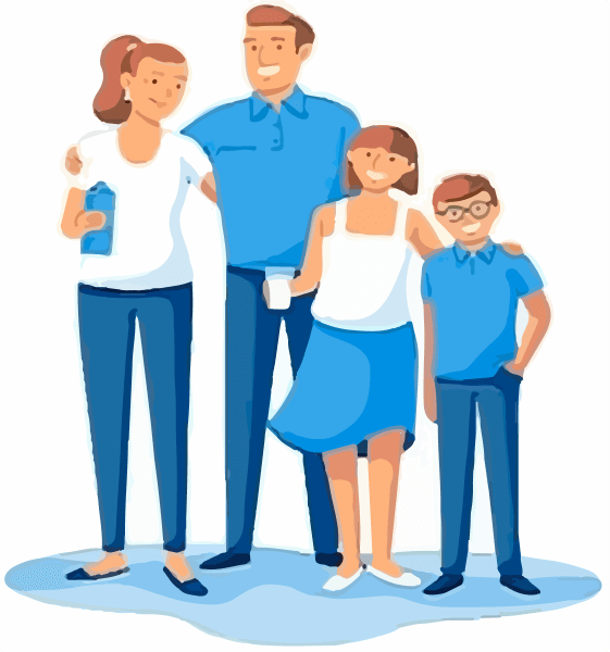 Cartoon parents standing with two children