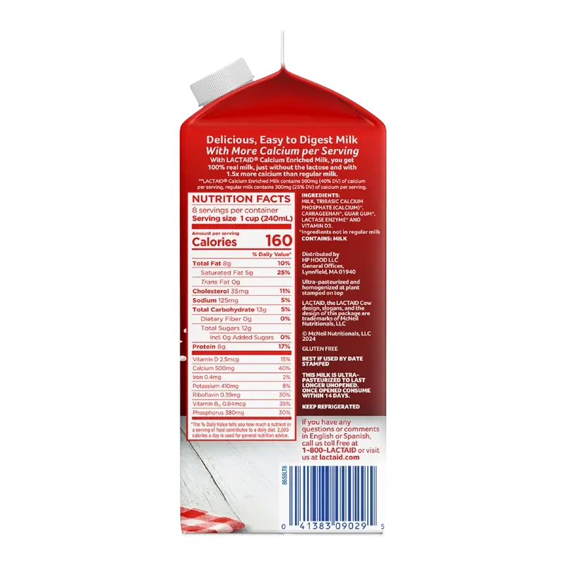 LACTAID® Calcium-Enriched Lactose-Free Whole Milk Right of Packaging