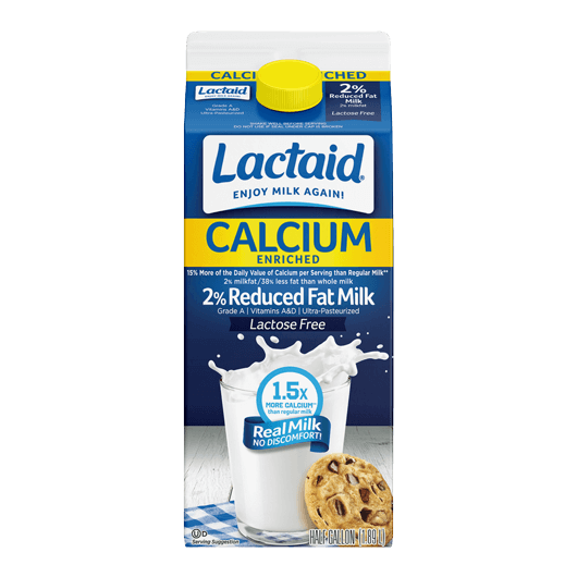 Carton of Lactaid calcium-enriched milk, highlighting its lactose-free formula and nutritional benefits, placed on a kitchen countertop