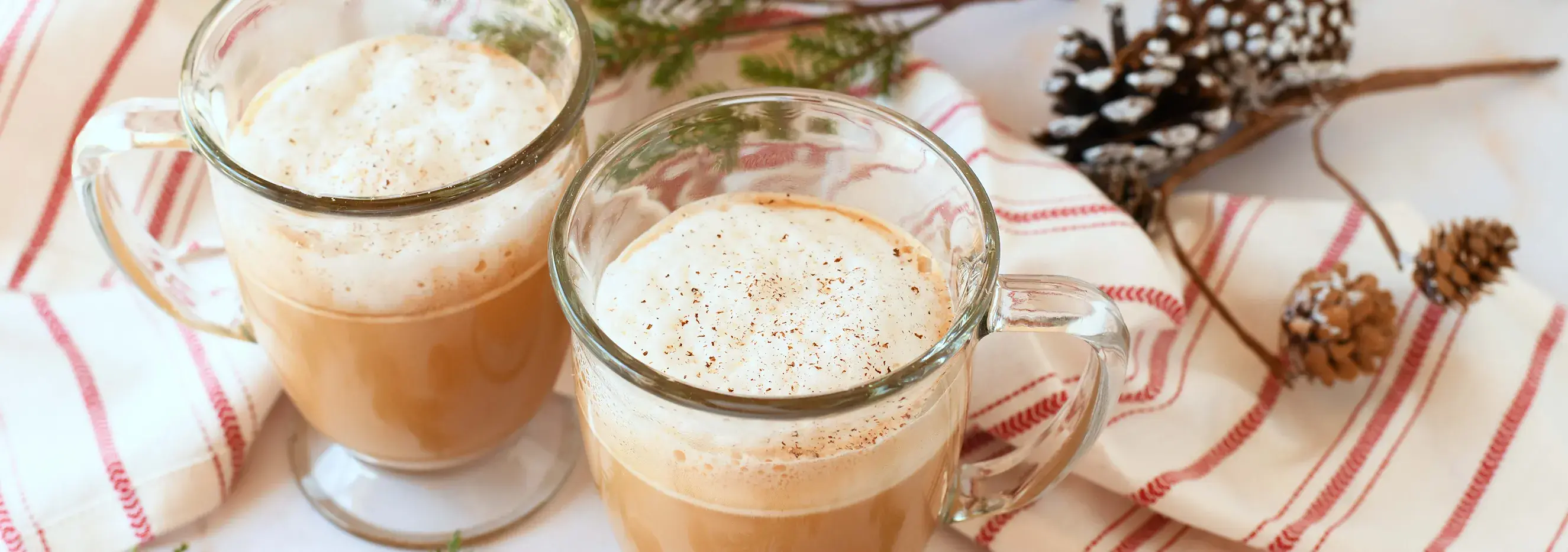 Lactose-Free Eggnog Latte Recipe | Lactaid® presented in glass cups, topped with frothy cream and holiday spices for a cozy drink