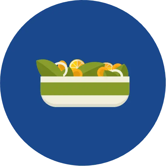 Illustration of a bowl of salad on blue background.