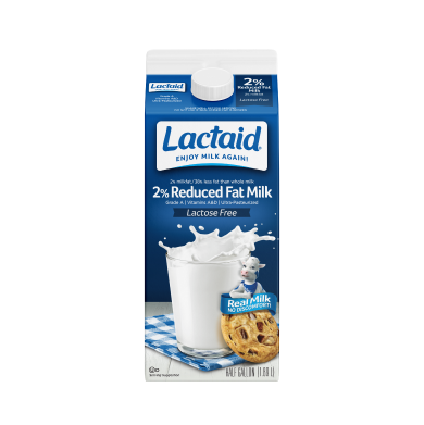 Frente del envase de leche LACTAID reducida en grasa al 2 %