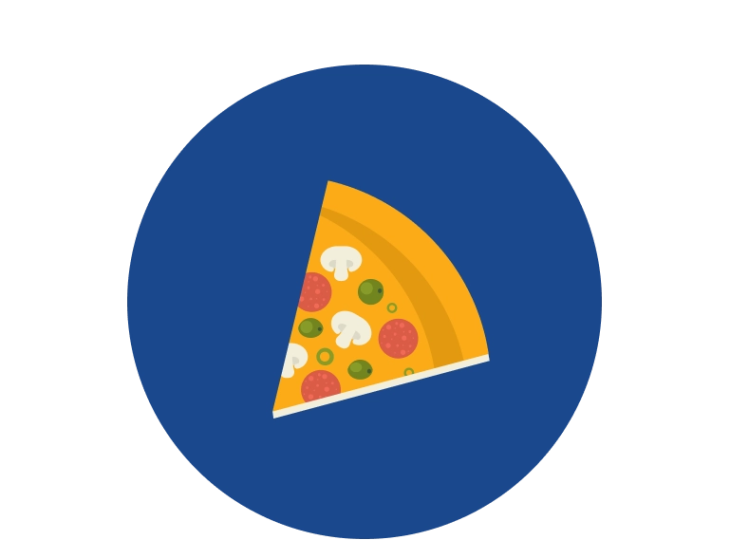 Illustration of a pizza slice with mushrooms and pepperoni on blue background.