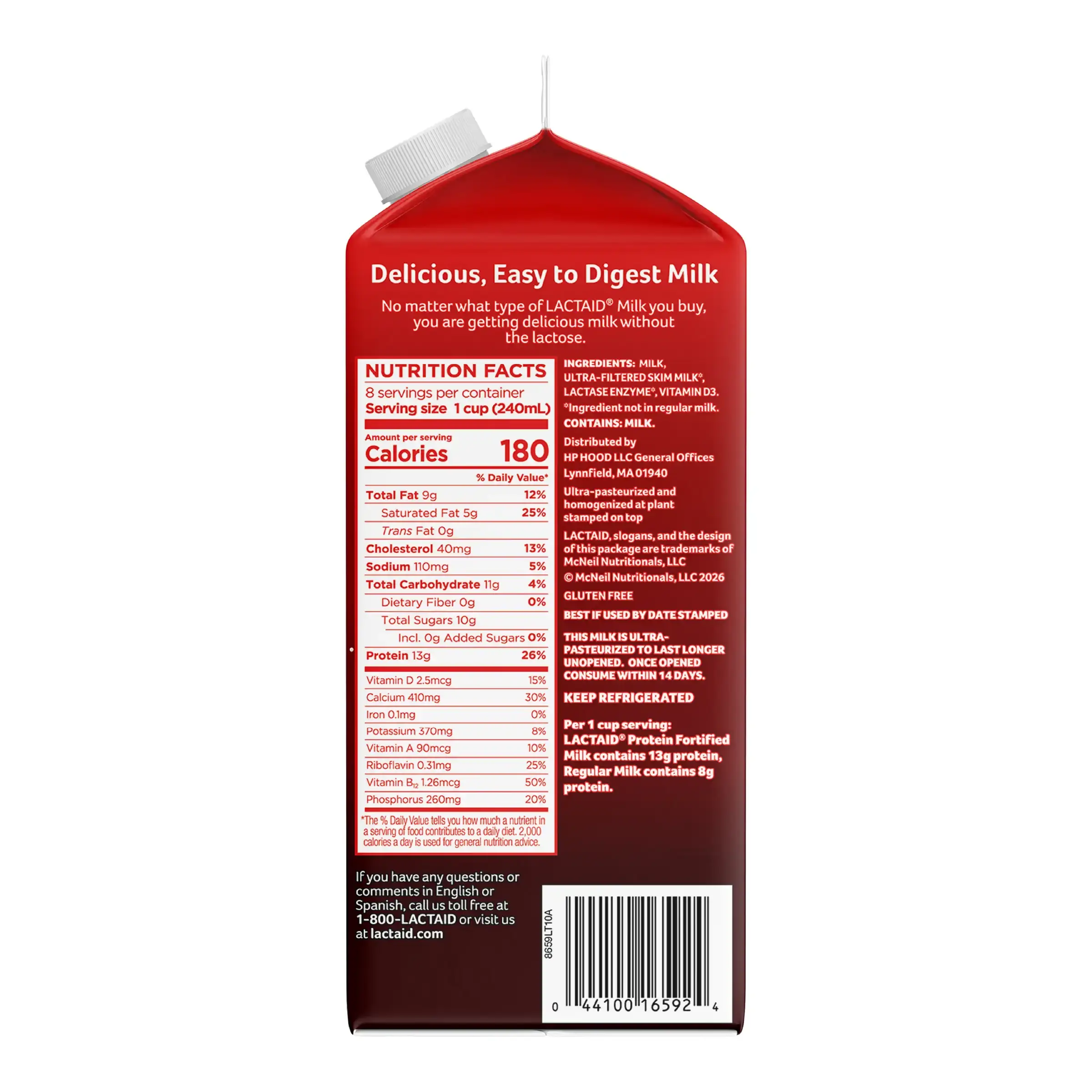 Side of package of LACTAID® Milk carton with nutrition facts, ingredients, and lactose-free label