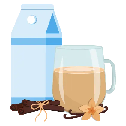 Cartoon glass of eggnog with cinamon and a blue carton of eggnog