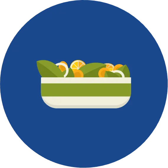 Illustration of a bowl of salad on blue background.