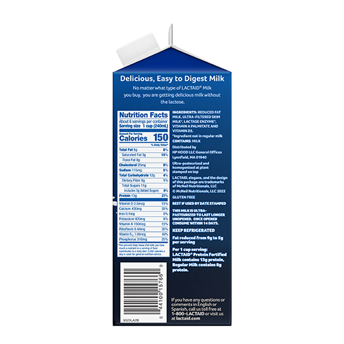 Lactaid Lactose-Free 2% Reduced Fat Protein Milk right side of package with nutrition facts