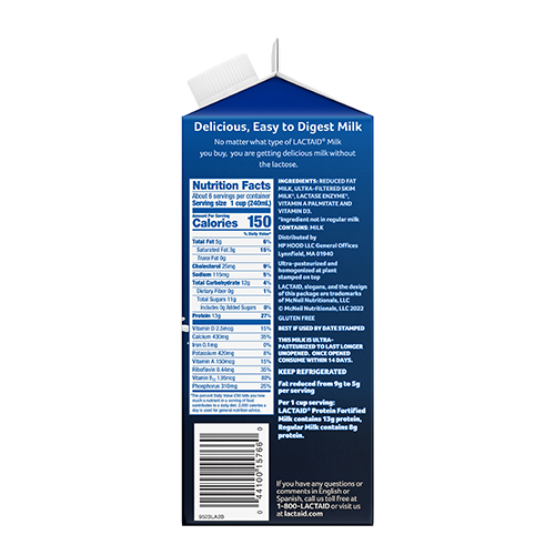 Lactaid Lactose-Free 2% Reduced Fat Protein Milk right side of package with nutrition facts