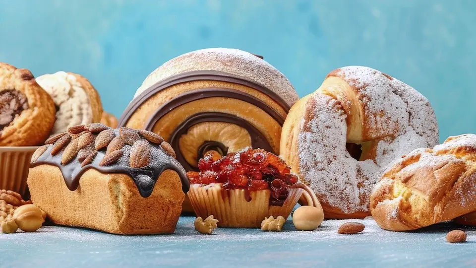 Delicious variety of baked goods, including pastries and cupcakes