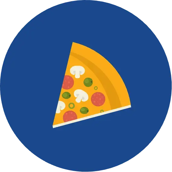 Illustration of a pizza slice with mushrooms and pepperoni on blue background.
