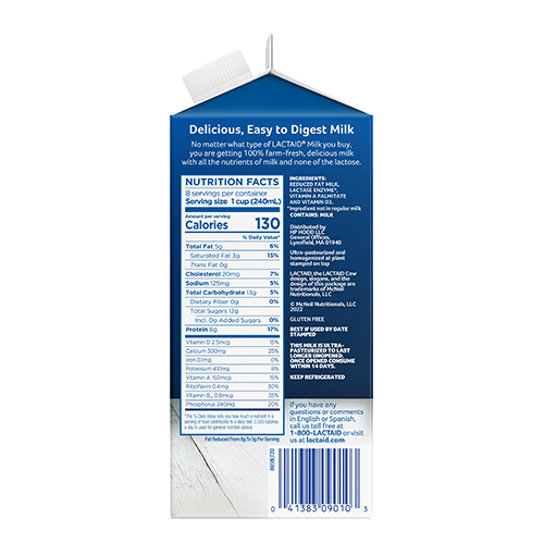 Lactaid 2% Reduced Fat Milk Right Side of Packaging with Nutrition Facts