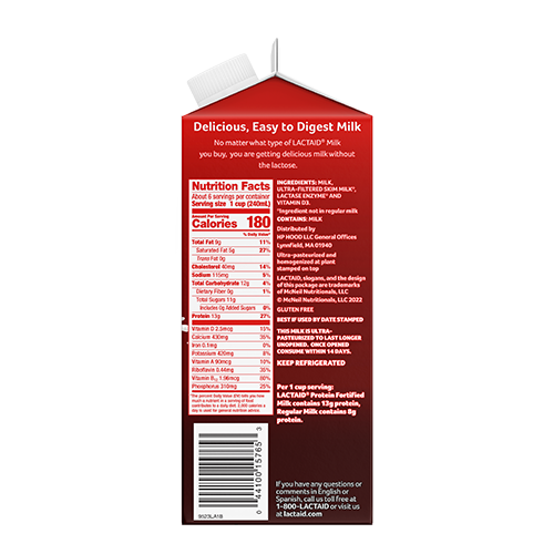 Lactaid Lactose-Free Protein Whole Milk right side of package with nutrition facts