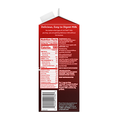 Lactaid Lactose-Free Protein Whole Milk right side of package with nutrition facts