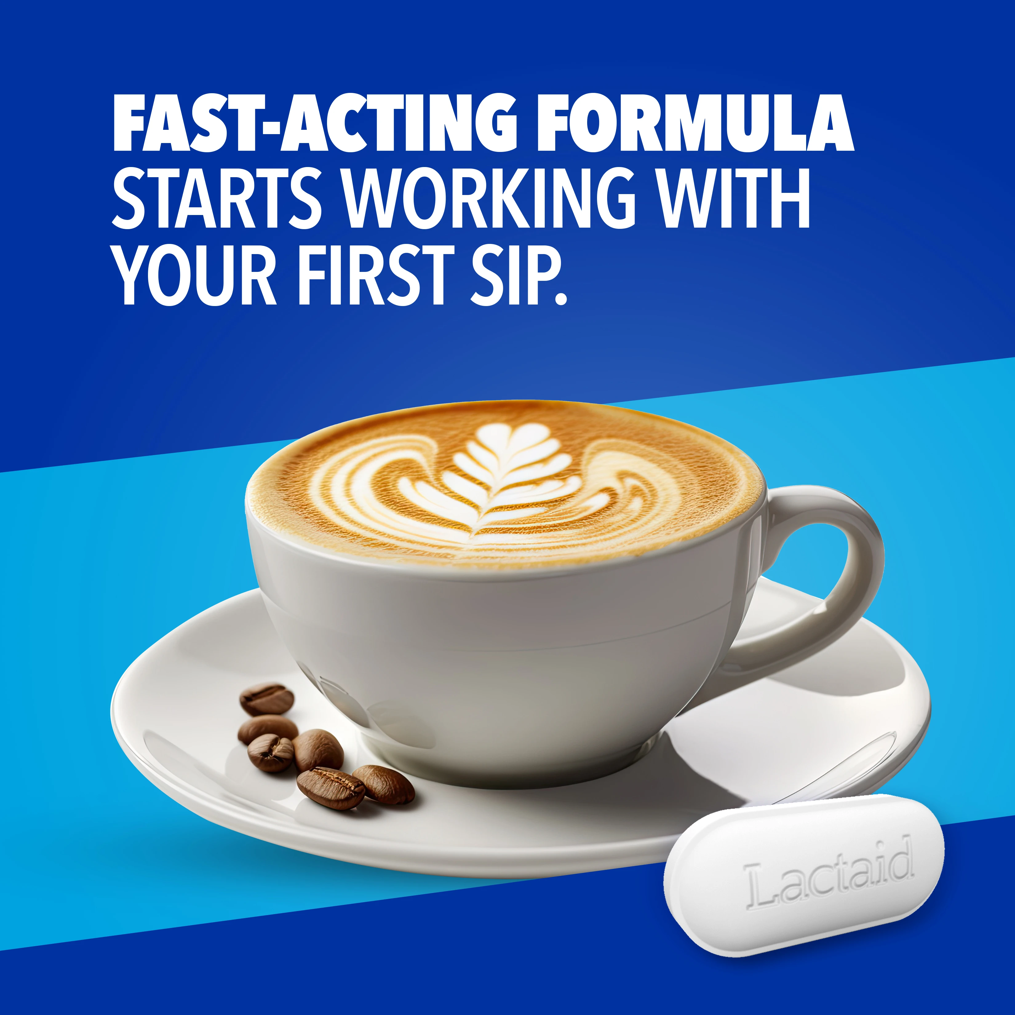 Cup of latte art on a saucer with coffee beans, illustrating Lactaid's fast-acting formula that starts working with the first sip