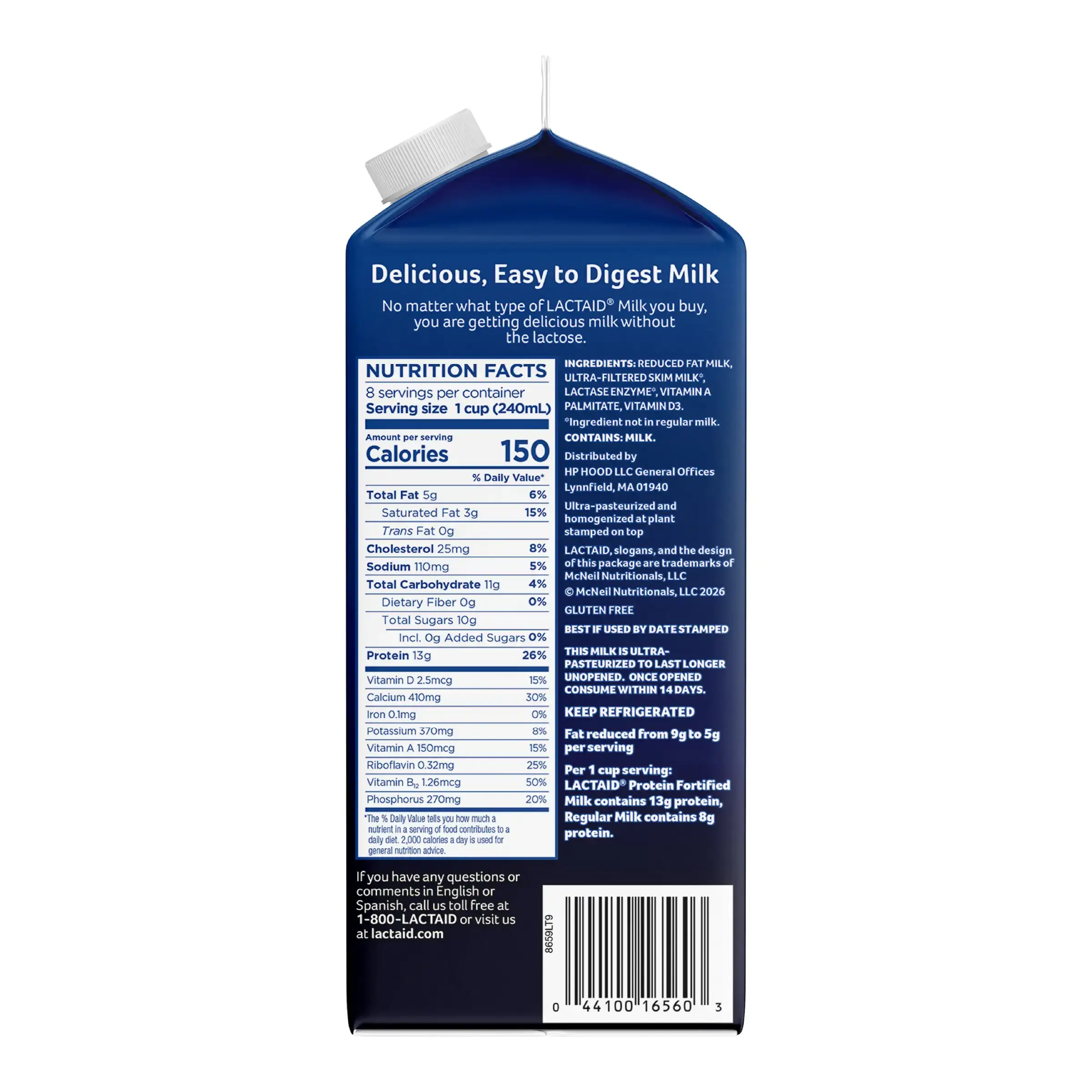 Back of Lactaid Milk carton showcasing easy digestion, nutrition facts, ingredients, and lactose-free labeling
