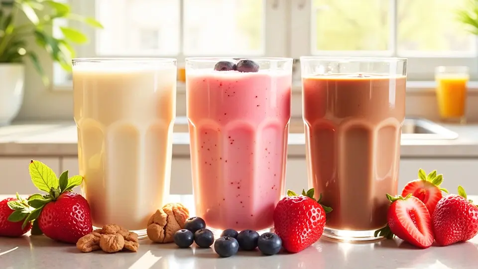 Three colorful smoothies served with fresh strawberries and bananas