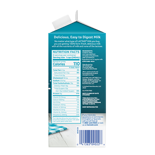 Lactaid 1% Low-fat Milk Right Side of Packaging whit Nutrition Facts