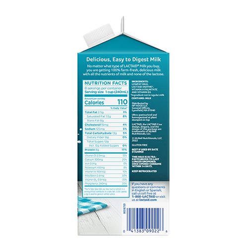 Lactaid 1% Low-fat Milk Right Side of Packaging whit Nutrition Facts