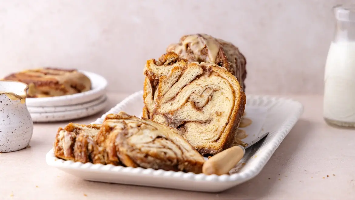 Maple pecan babka slices with a sweet maple glaze