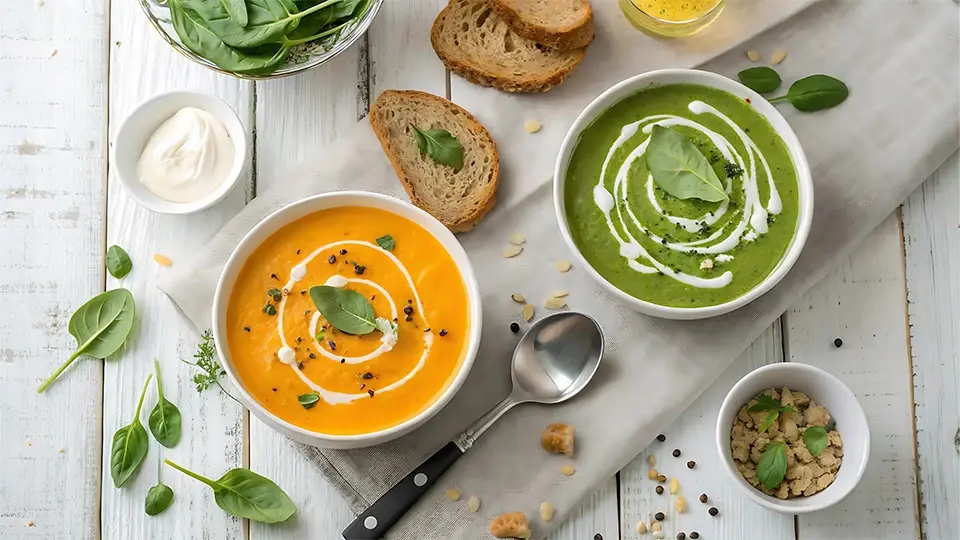 Creamy orange and green soups served with herbs and bread
