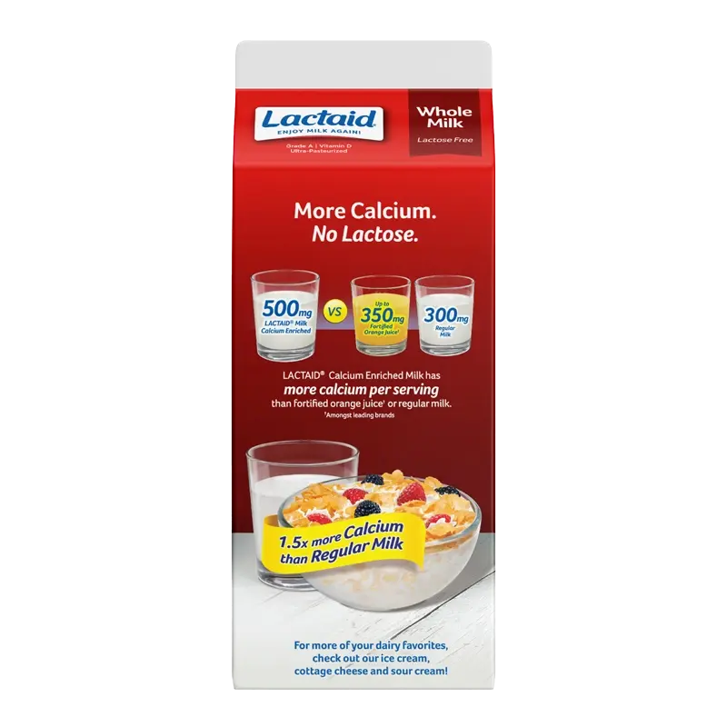 LACTAID® Calcium-Enriched Lactose-Free Whole Milk Back Packaging