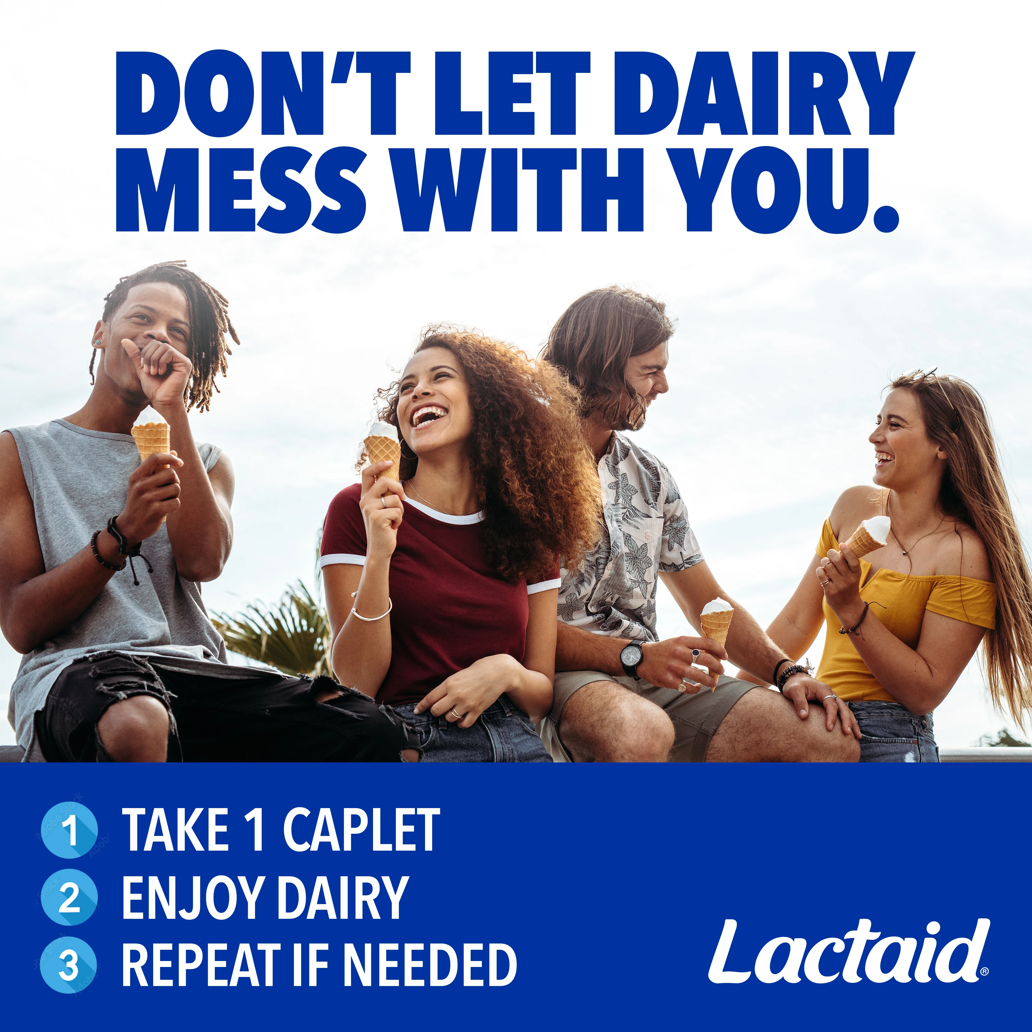 Group of friends happily enjoying ice cream outdoors, with instructions to take Lactaid caplets before enjoying dairy
