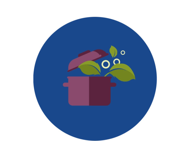 Illustration of a pot of soup boiling on blue background.