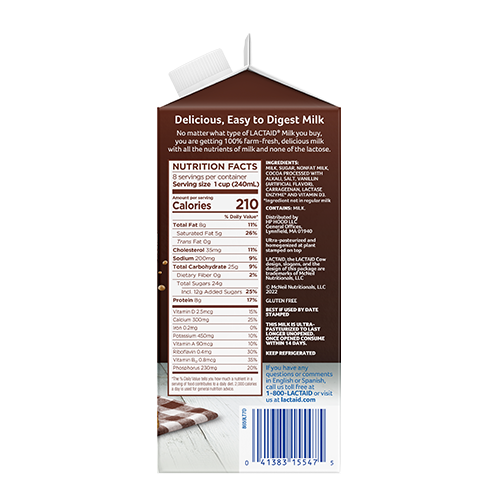 Lactaid Chocolate Milk Right of Packaging whit Nutrition Facts