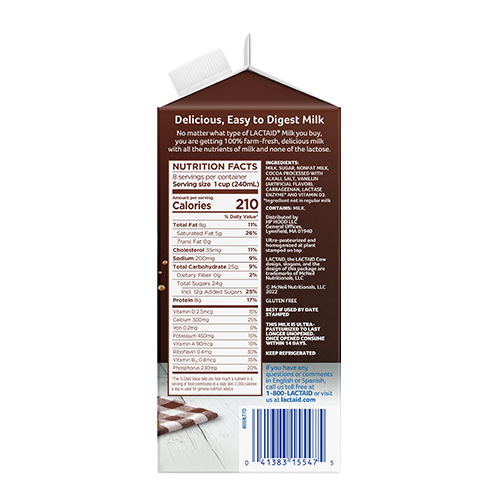 Lactaid Chocolate Milk Right of Packaging whit Nutrition Facts