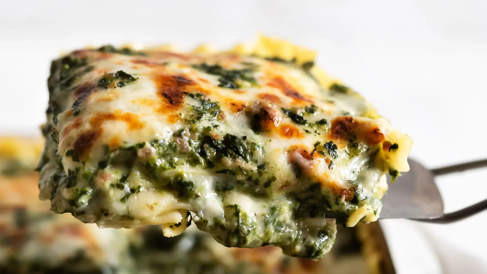 Layered spinach béchamel lasagna in a white dish, topped with melted cheese and fresh herbs, ready to serve.