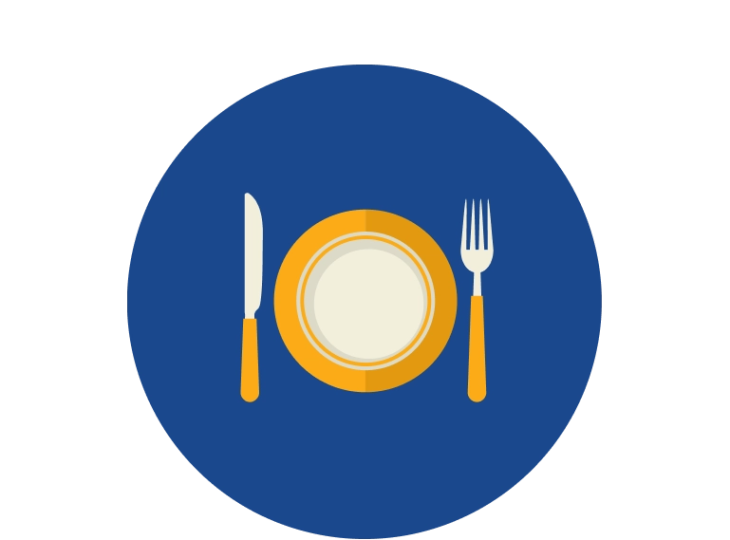 Illustration of plate with knife and fork on blue background.