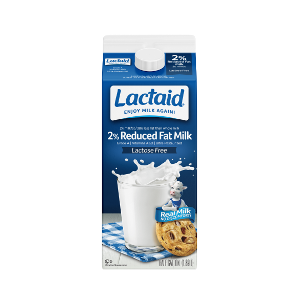 Frente del envase de leche LACTAID reducida en grasa al 2 %