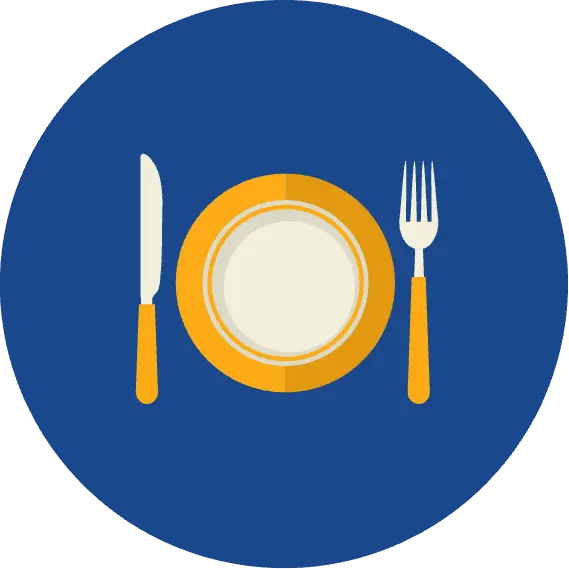 Illustration of plate with knife and fork on blue background.