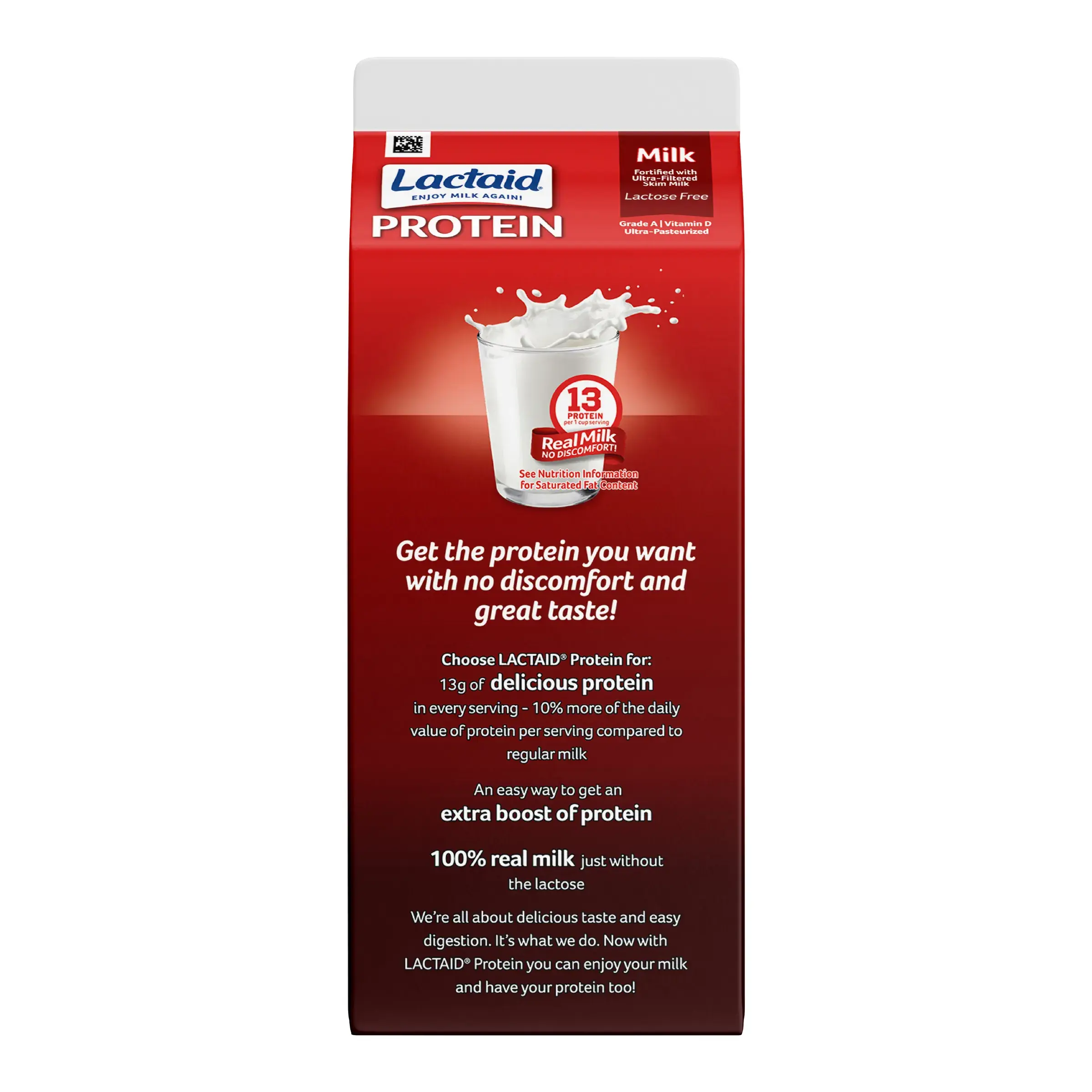 Back side panel of LACTAID® Whole Milk carton showing protein content, Lactaid logo, and splashing milk