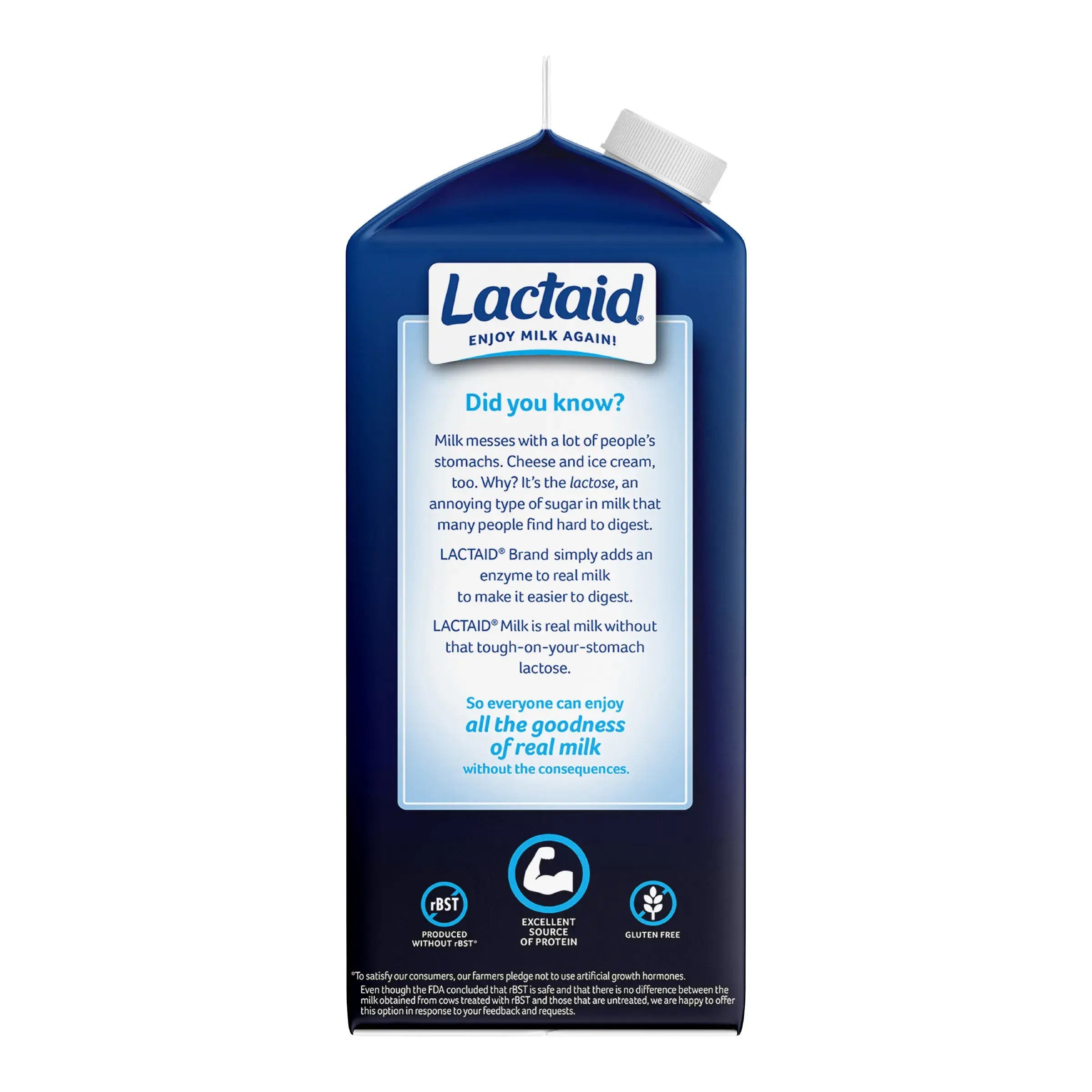 Side panel of LACTAID® Milk carton detailing lactose-free benefits, protein source, and key nutritional facts