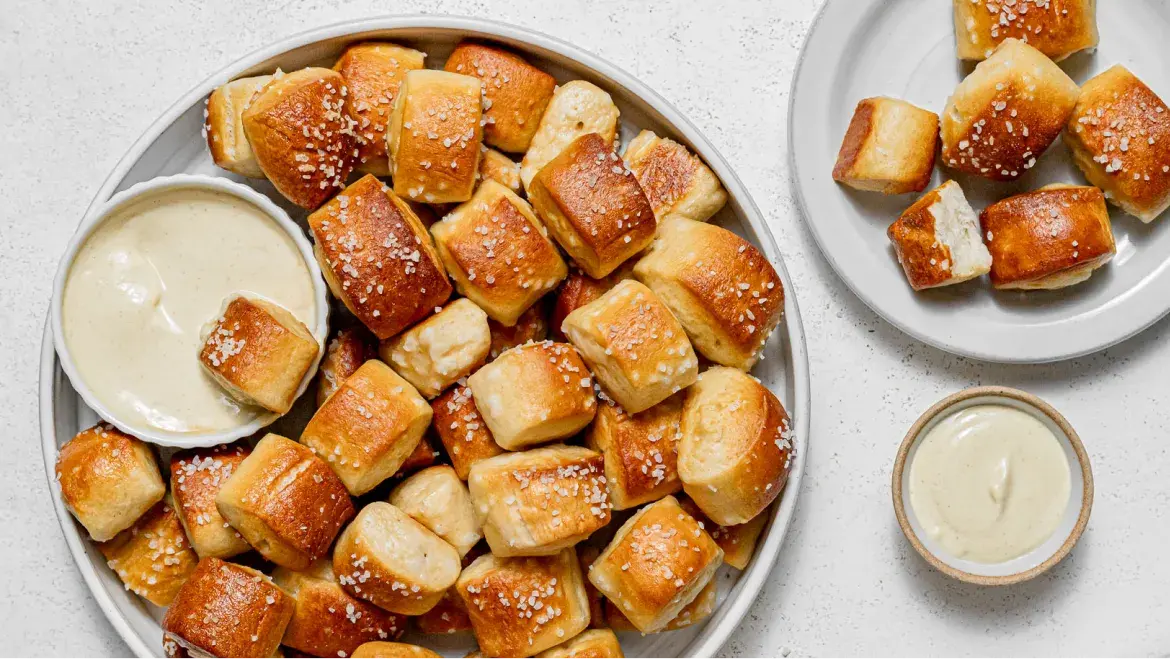 Lactose-Free Soft Pretzel Bites served with a creamy dip