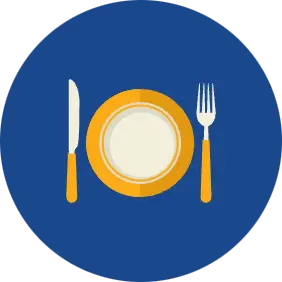 Illustration of plate with knife and fork on blue background.