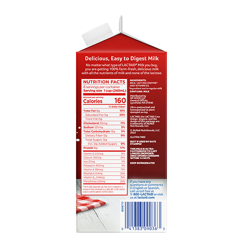 Lactaid Whole Milk Right Side of Packaging with Nutrition Facts