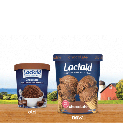 Old vs. new package of Lactaid lactose-free chocolate ice cream