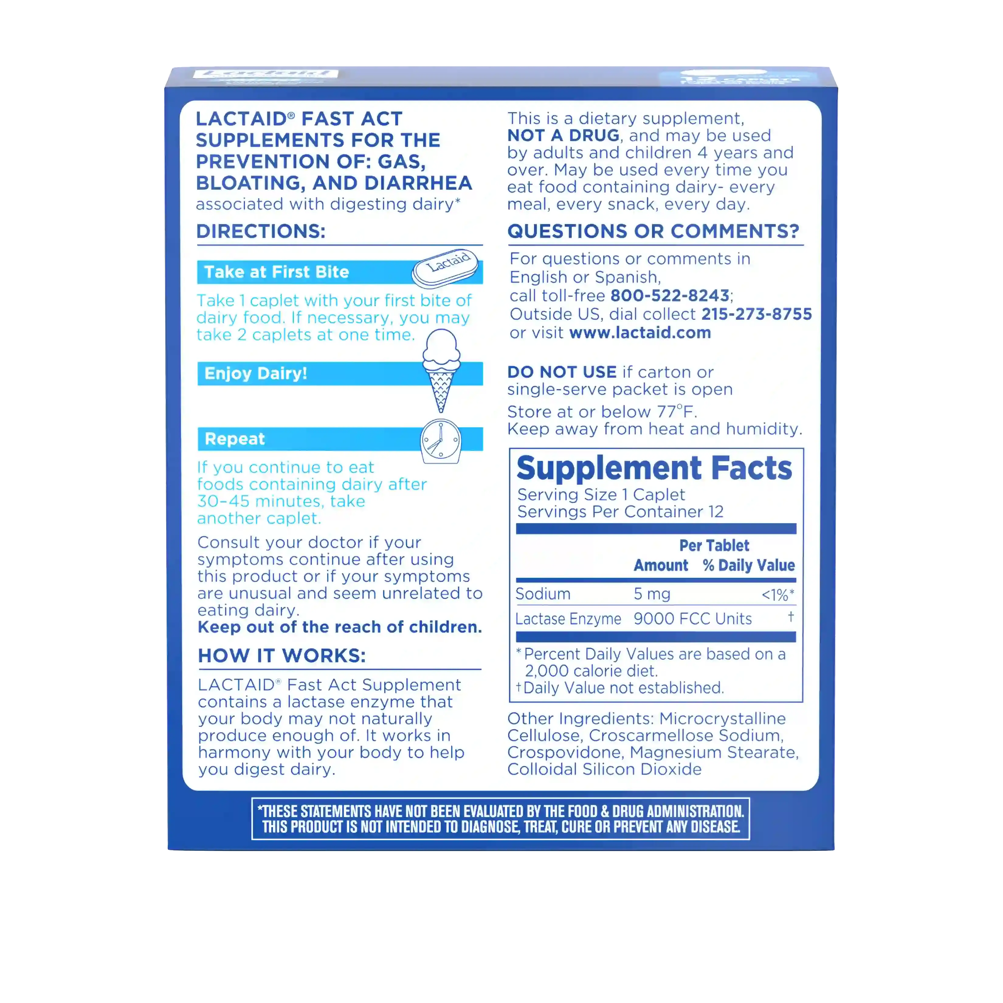Lactaid Fast Act lactase enzyme supplement caplets back of pack