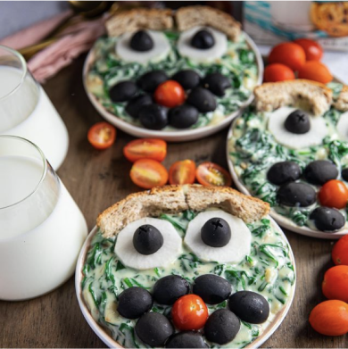 Lactose-free creamed spinach recipe made to look like a monster face