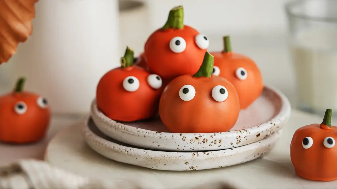 Playful Halloween pumpkin truffles coated in orange chocolate with googly eyes, displayed on a white plate