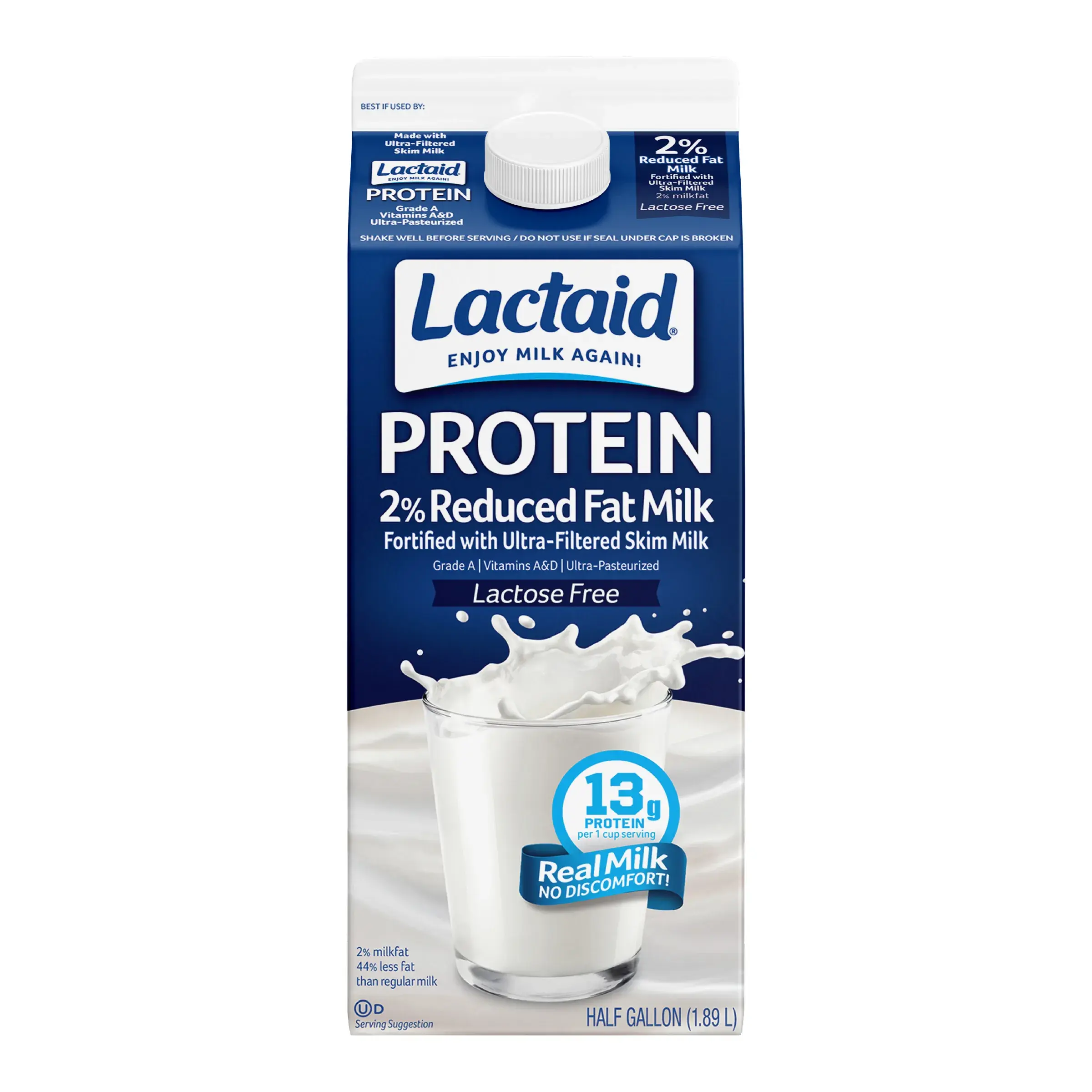Front package of LACTAID® Protein 2% Reduced Fat Milk carton featuring a splash of milk and highlighting lactose-free benefits
