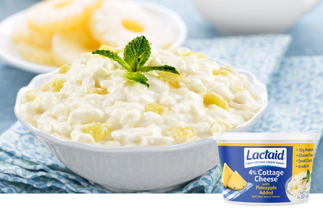 Lactaid Pineapple Cottage Cheese, served in pineapple halves