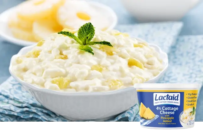 Lactaid Pineapple Cottage Cheese, served in pineapple halves
