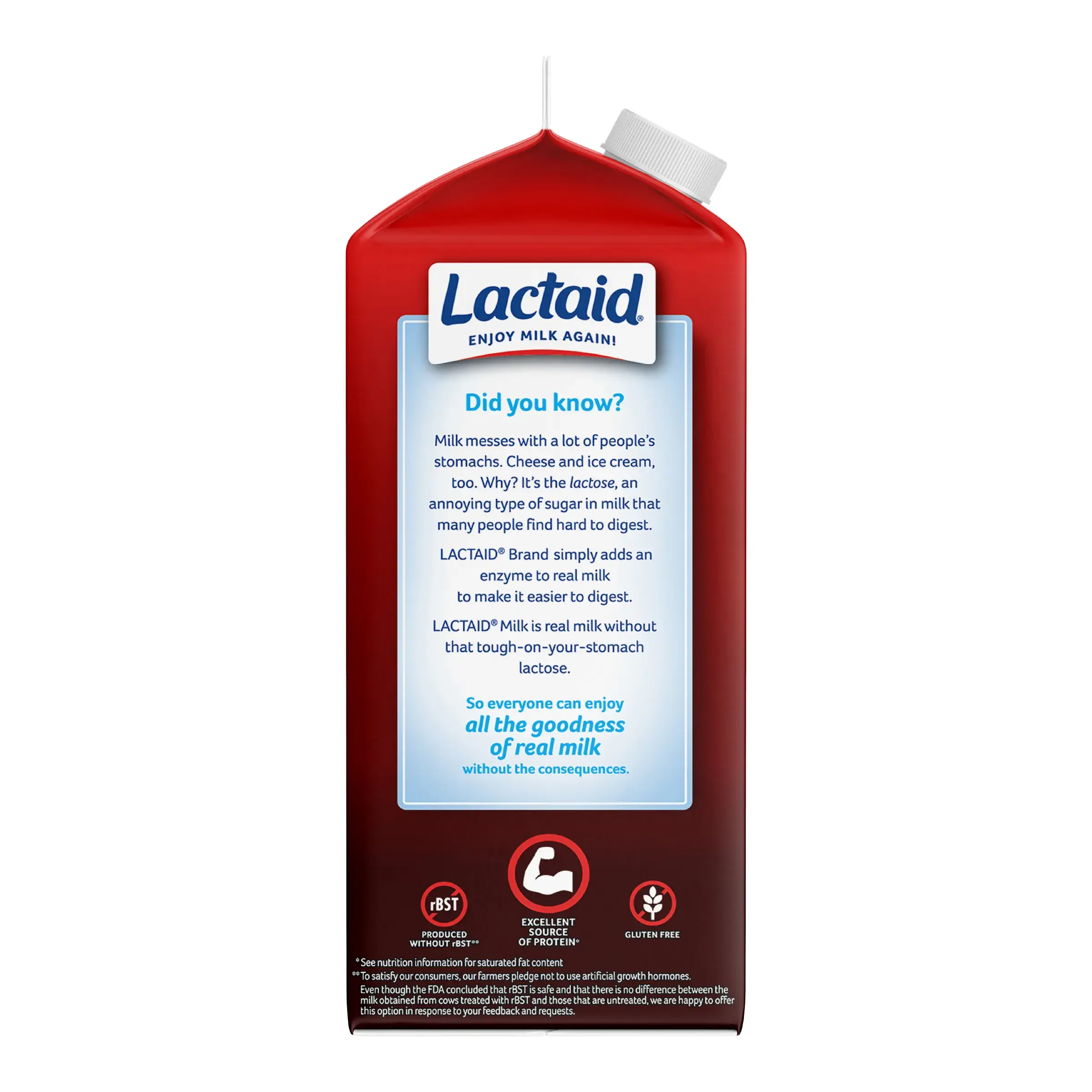 Front package of LACTAID® carton highlighting lactose-free benefits, protein source, and icons for easy digestion