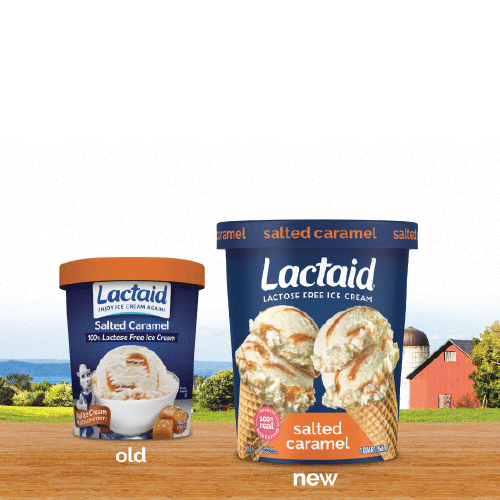 Old vs. new package of Lactaid lactose-free salted caramel ice cream