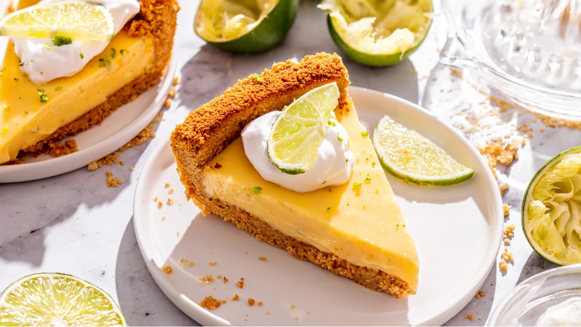 Slice of creamy lime pie topped with whipped cream