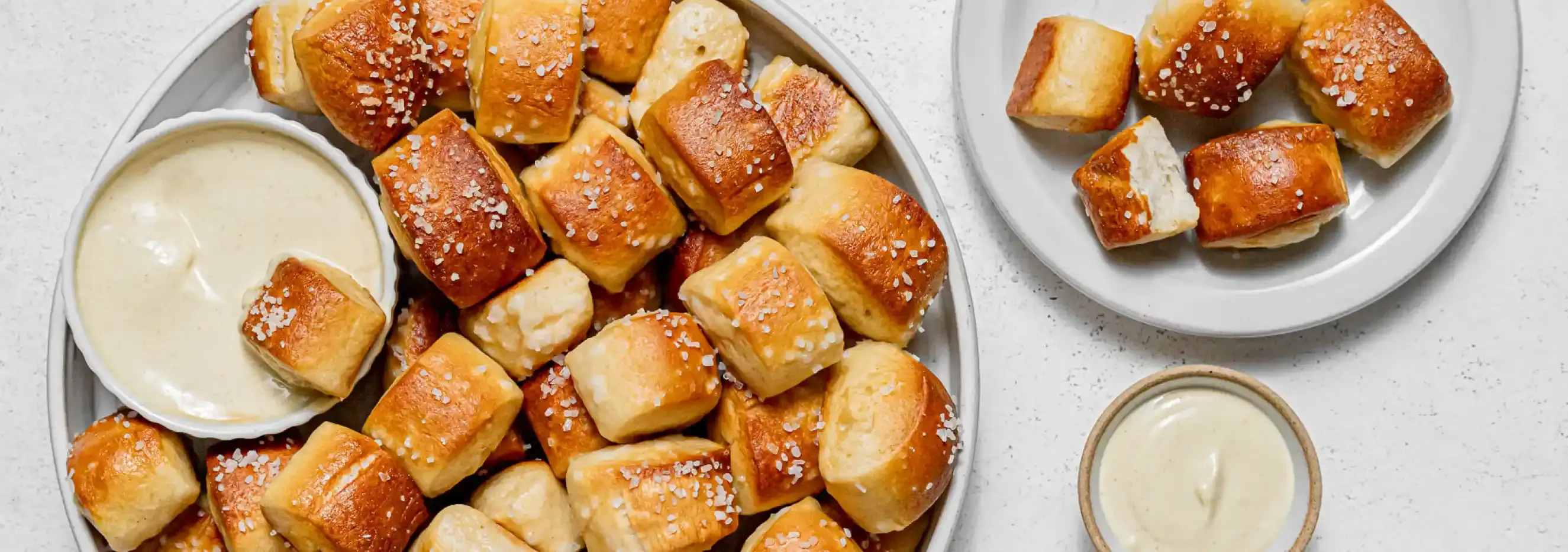 Lactose-Free Soft Pretzel Bites served with a creamy dip